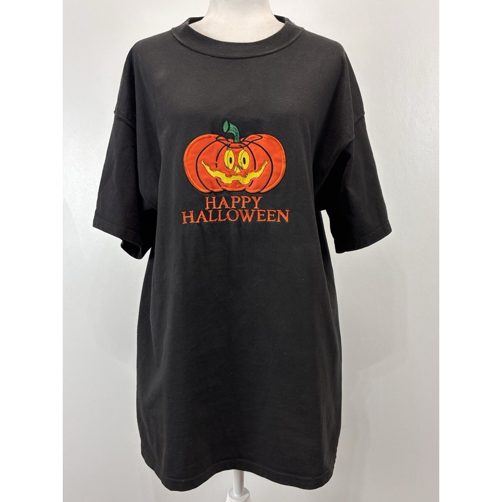 Vtg Oarsman 913 Halloween Tshirt Sz Large Black Embroidered Jack O Lantern 90s